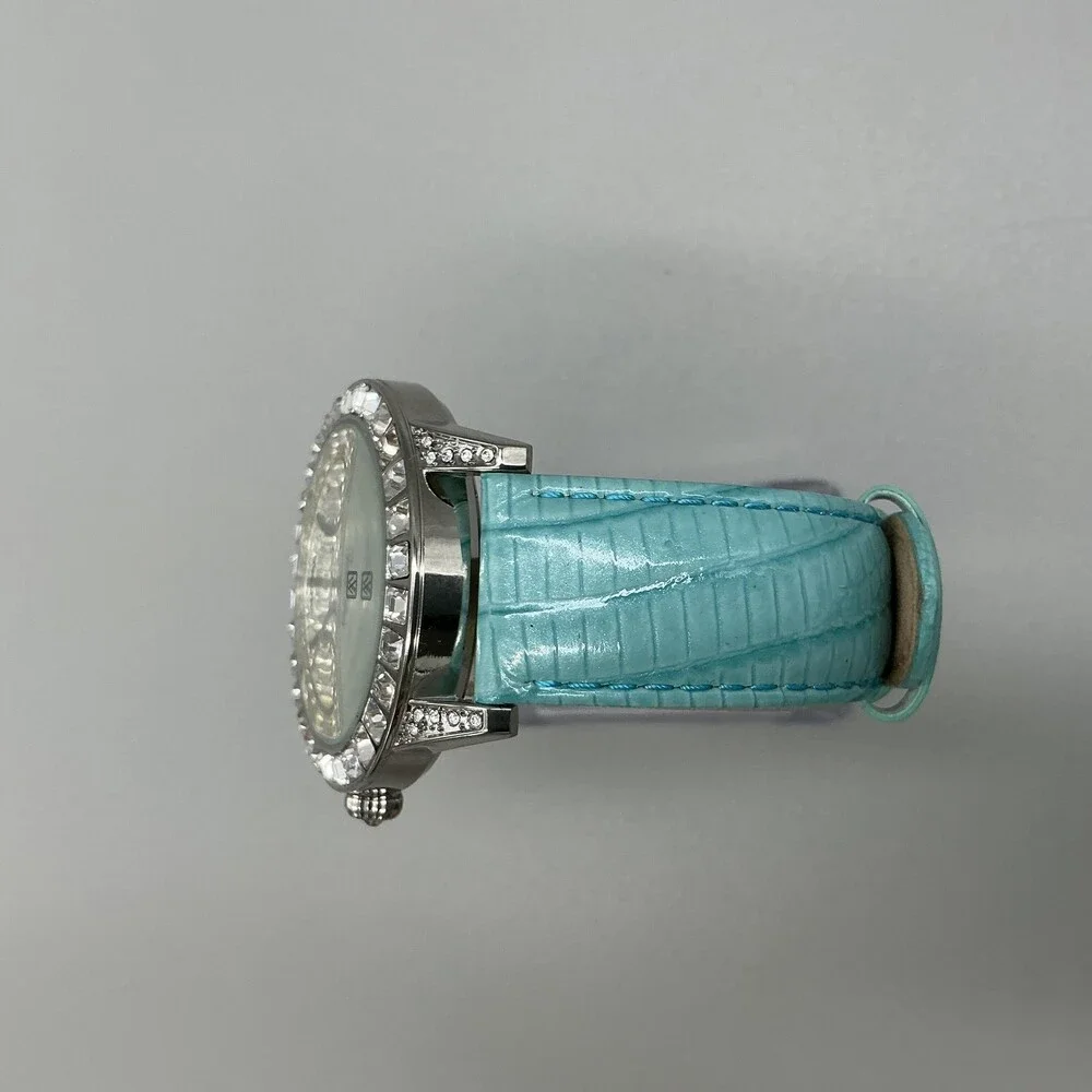 Victoria Wieck Womens Watch 42mm Silver Tone Aqua Leather Crystals New Battery